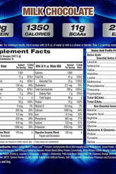 Nutrition label for MHP Up Your Mass XXXL 1350 in milk chocolate flavor showing protein, calories, and BCAAs.